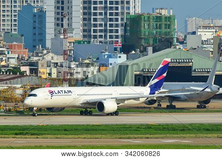 Saigon, Vietnam - Jun 10, 2019. Latam Brasil Airbus A350-900 Taxiing On Runway Of Tan Son Nhat Airpo