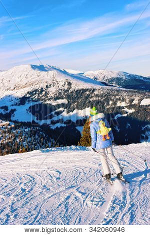 Woman Skier Skiing In Penken Park In Tyrol In Austria