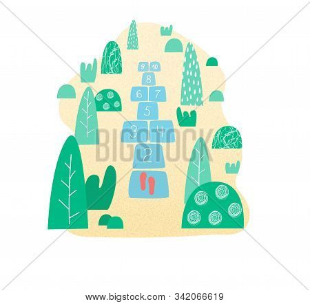 Hopscotch. Children's Street Game In Flat, Vector Illustration. Hopscotch Game In The Park.