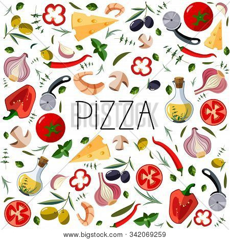 Banner For Pizza Box. Traditional Different Ingredients For Italian Pizza: Vegetables, Olive Oil, He