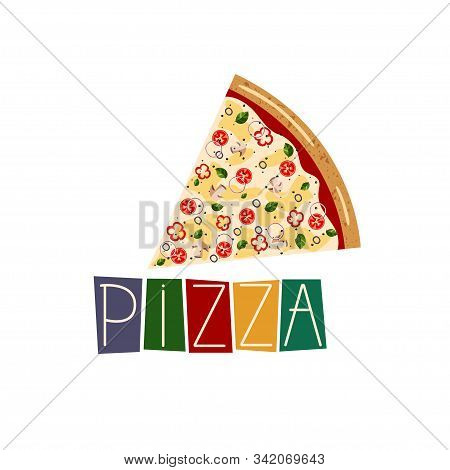 Banner For Pizza Box. Background With Slice Vegetarian Pizza. Vector Illustration Isolated On White