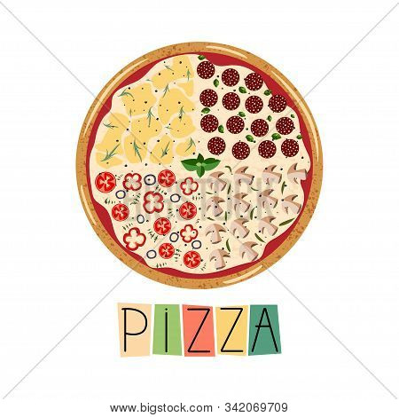 Banner For Pizza Box. Background With Whole Four Seasons Pizza. Vector Illustration Isolated On Whit