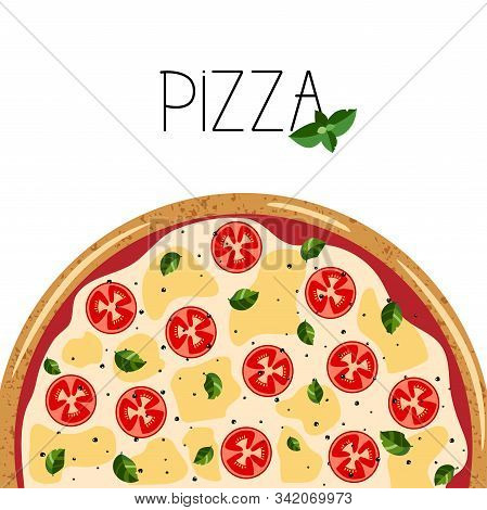 Banner For Pizza Box. Background With Whole Margarita Pizza, Basil. Vector Illustration Isolated On