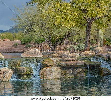 Water Fall At Anthem In The Sonoran Desert, Maricopa County, Arizona Usa