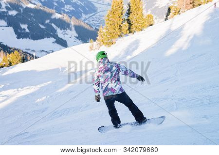 Man Snowboarder On Penken Park Ski Resort In Austria