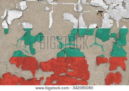 Bulgaria Flag Depicted In Paint Colors On Old Obsolete Messy Concrete Wall Closeup. Textured Banner 