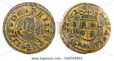 Ancient Spanish Copper Coin Of King Felipe Iv. 1662. Coined In Coruña. 8 Maravedis.