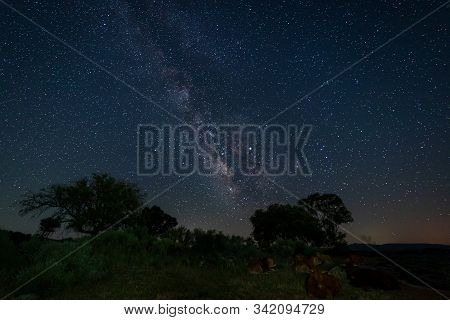 Night Landscape With Milky Way And Herd Of Cattle In The Natural Park Of Barruecos. Extremadura. Spa