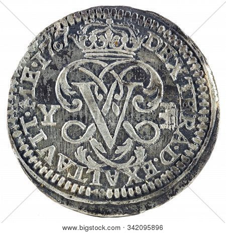 Ancient Spanish Silver Coin Of The King Felipe V. 1707. Coined In Segovia. Real. Reverse.