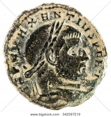 Ancient Roman Copper Coin Of Emperor Maxentius. Obverse.