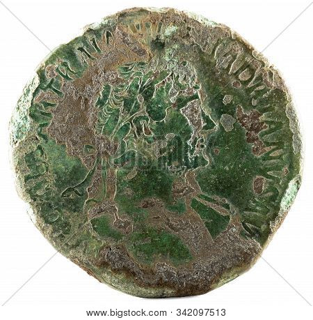 Ancient Roman Bronze Sestertius Coin Of Emperor Hadrian. Obverse.