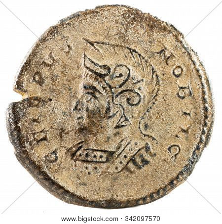 Ancient Roman Copper Coin Of Emperor Crispus. Obverse.
