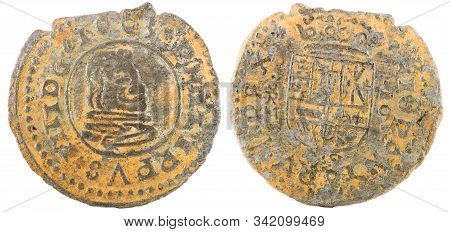 Ancient Spanish Copper Coin Of King Felipe Iv. 1663. Coined In Trujillo. 16 Maravedis.