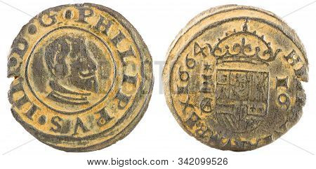 Ancient Spanish Copper Coin Of King Felipe Iv. 1664. Coined In Cuenca. 16 Maravedis.