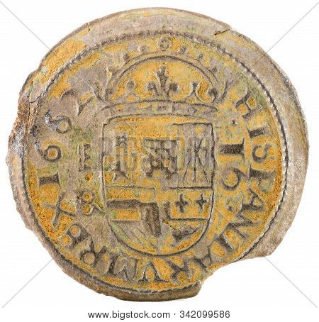 Ancient Spanish Copper Coin Of King Felipe Iv. 1662. Coined In Segovia. 16 Maravedis. Reverse.