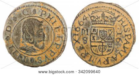 Ancient Spanish Copper Coin Of King Felipe Iv. 1664. Coined In Madrid. 16 Maravedis.