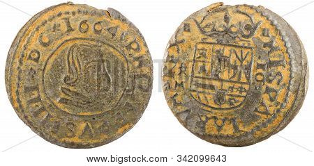Ancient Spanish Copper Coin Of King Felipe Iv. 1664. Coined In Trujillo. 16 Maravedis.
