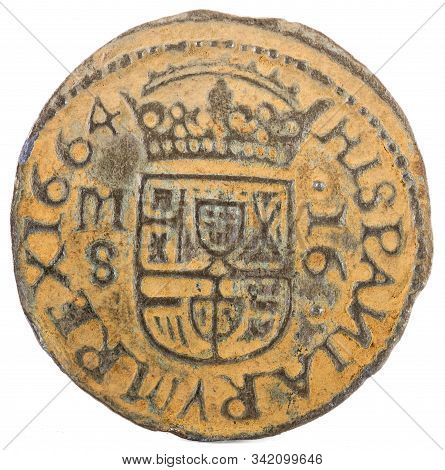 Ancient Spanish Copper Coin Of King Felipe Iv. 1664. Coined In Madrid. 16 Maravedis. Reverse.