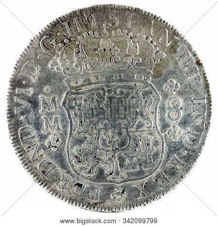 Ancient Spanish Silver Coin Of The King Fernando Vi. 1756. Coined In Mexico. 8 Reales. Obverse.