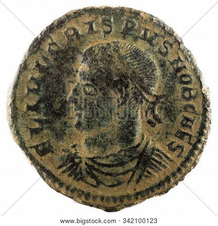 Ancient Roman Copper Coin Of Emperor Crispus. Obverse.