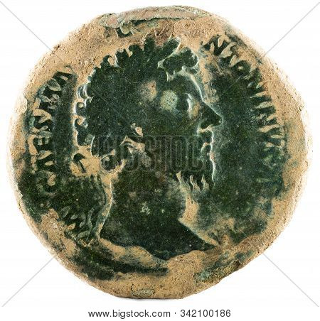 Ancient Roman Bronze Sertertius Coin Of Emperor Marcus Aurelius. Obverse.