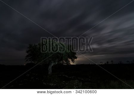 Night Landscape In Ancient Roman Villa Of Los Terminos In Monroy. Extremadura. Spain.
