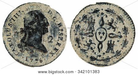 Ancient Spanish Copper Coin Of The King Carlos Iv. 1796. Coined In Segovia. 2 Maravedis.