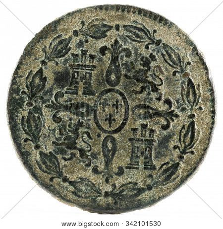 Ancient Spanish Copper Coin Of The King Carlos Iii. 1772. Coined In Segovia. 4 Maravedis. Reverse.