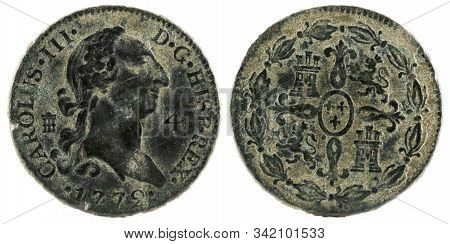 Ancient Spanish Copper Coin Of The King Carlos Iii. 1772. Coined In Segovia. 4 Maravedis.