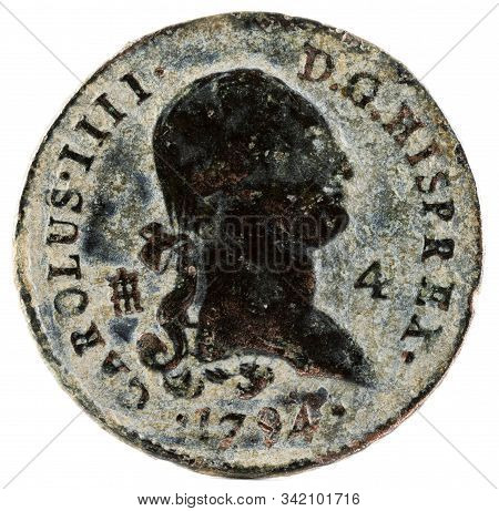 Ancient Spanish Copper Coin Of The King Carlos Iv. 1794. Coined In Segovia. 4 Maravedis. Obverse.