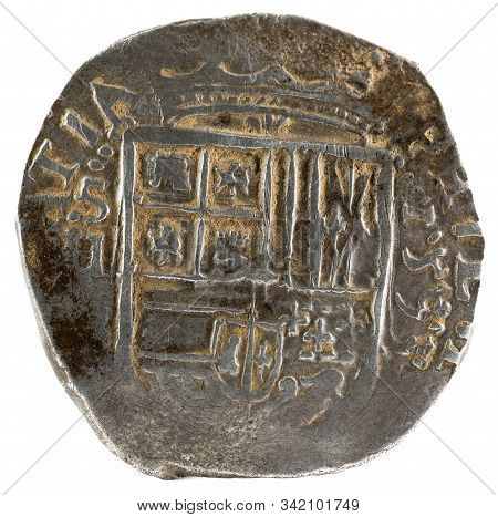 Ancient Spanish Silver Coin Of The King Felipe Ii. 1593. Coined In Sevilla. 2 Reales. Obverse.