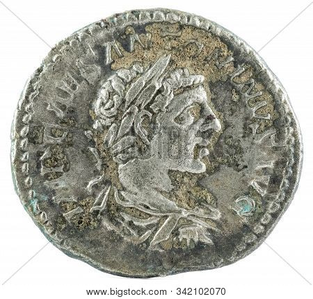Ancient Roman Silver Denarius Coin Of Emperor Elagabalus. Obverse.