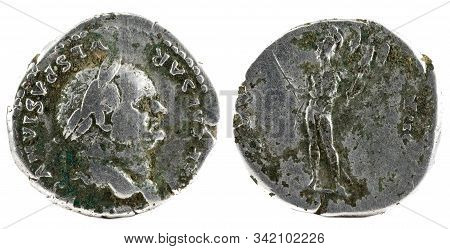 Ancient Roman Silver Denarius Coin Of Emperor Vespasian.