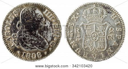 Ancient Spanish Silver Coin Of The King Carlos Iv. 1808. Coined In Sevilla. 2 Reales.