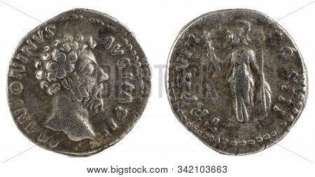 Ancient Roman Silver Denarius Coin Of Emperor Marcus Aurelius.
