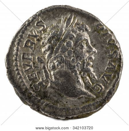 Ancient Roman Silver Denarius Coin Of Emperor Septimius Severus. Obverse.