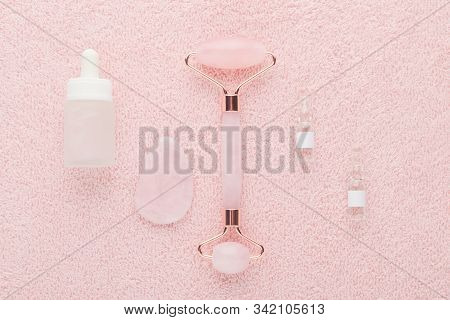 Real Rose Quartz Facial Roller, Gua Sha Massage Stone And Face Serum In Ampoules And Bottle, Flat La