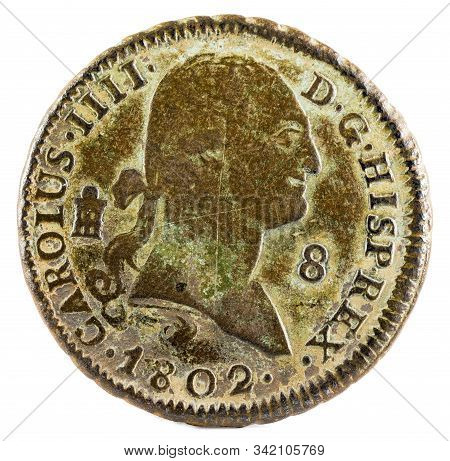 Ancient Spanish Copper Coin Of The King Carlos Iv. 1802. Coined In Segovia. 8 Maravedis. Obverse.