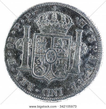 Ancient Spanish Silver Coin Of The King Carlos Iv. 1801. Coined In Potosi. 8 Reales. Reverse.