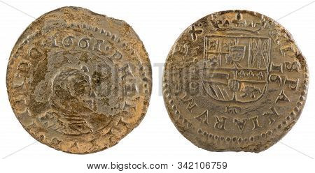 Ancient Spanish Copper Coin Of King Felipe Iv. 1661. !6 Maravedis.