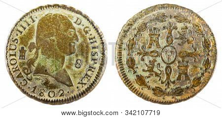 Ancient Spanish Copper Coin Of The King Carlos Iv. 1802. Coined In Segovia. 8 Maravedis.