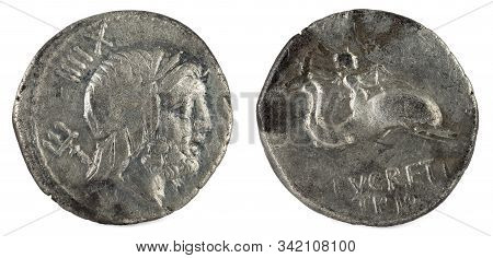 Roman Republic Coin. Ancient Roman Silver Denarius Of The Family Lucretia.