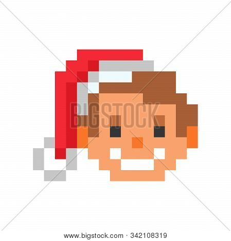 Happy Smiling Santa Claus' Son  In A Red Christmas Hat, Pixel Art Character Isolated On White. 8 Bit