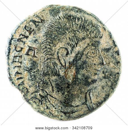 Ancient Roman Copper Coin Of Emperor Magnentius. Obverse.