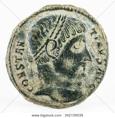 Ancient Roman Copper Coin Of Emperor Constantine I Magnus. Obverse.