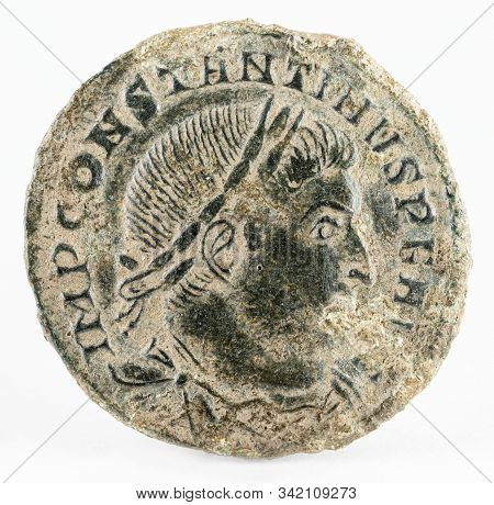 Ancient Roman Copper Coin Of Emperor Constantine I Magnus. Obverse.