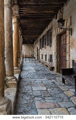 Typical Street With Arcades In The Historical Town Of Pedraza. Segovia. Spain.