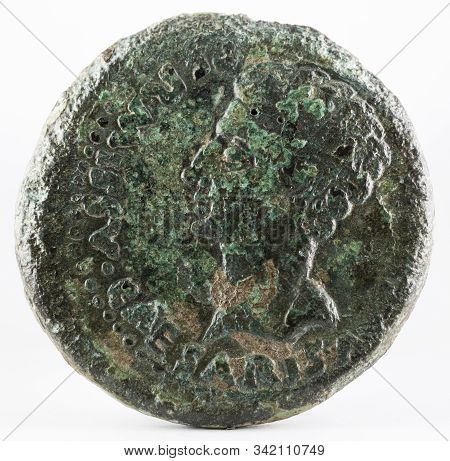 Ancient Roman Bronze Dupondius Coin Of Ebora. Coined By Emperor Augustus. Obverse.