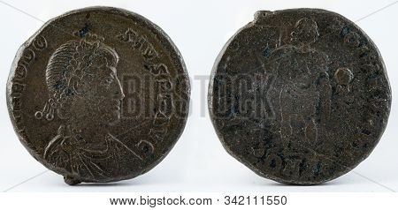 Ancient Roman Copper Coin Of Theodosius. Macro.