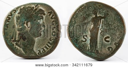 Ancient Roman Bronze Sertertius Coin Of Emperor Hadrian.